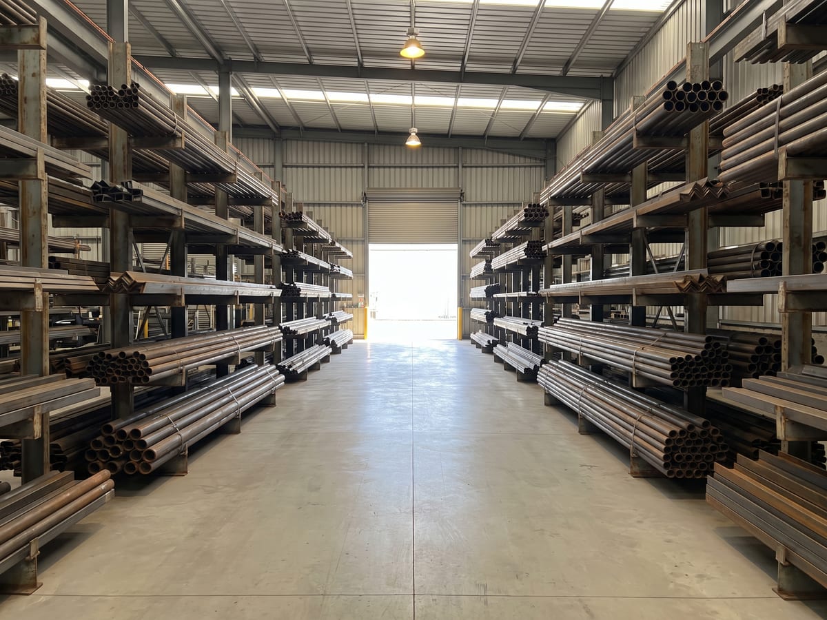 Aisle of racked steel stock in an iron and steel distribution warehouse