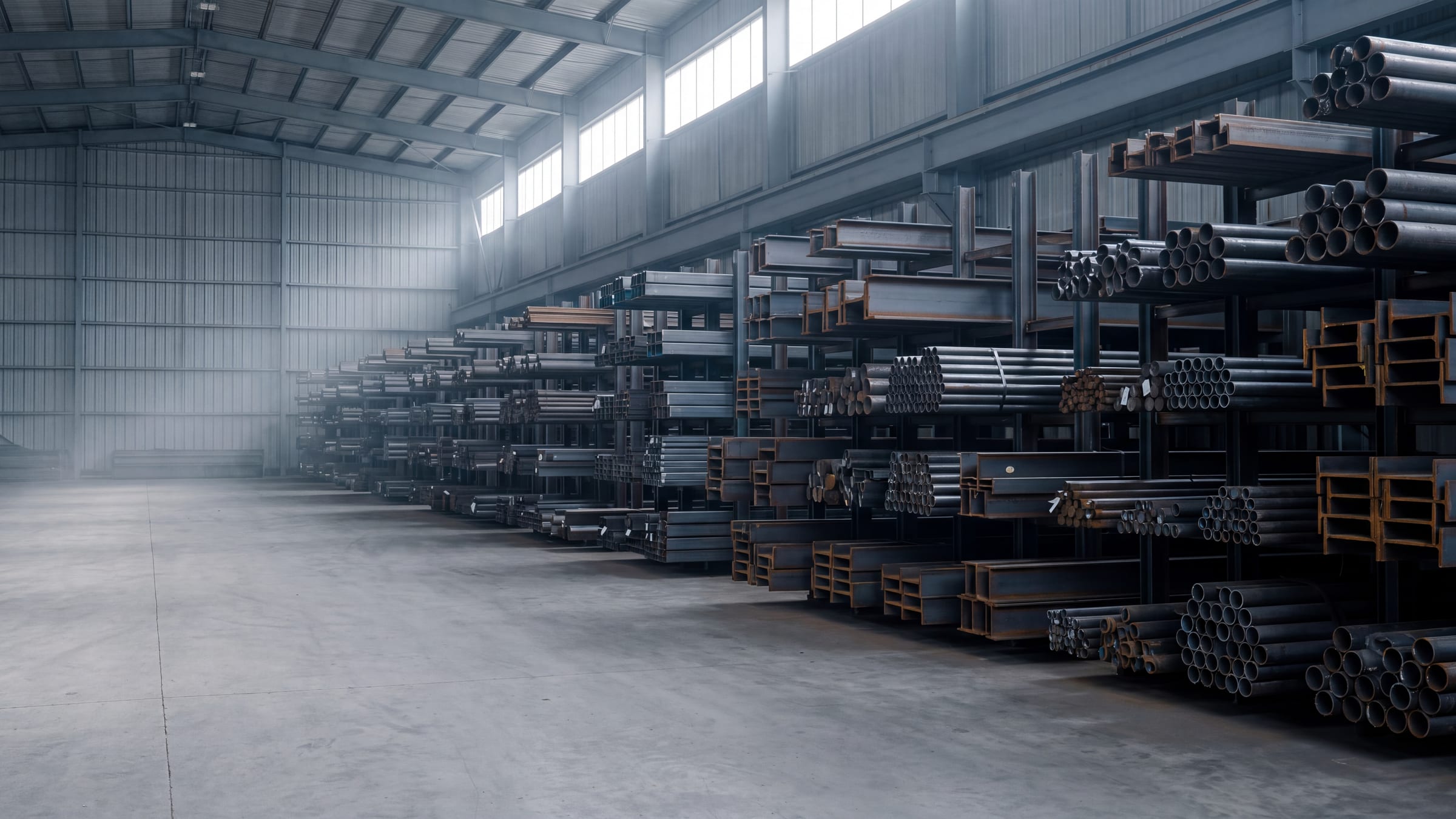 Steel warehouse stocked with pipes and structural sections
