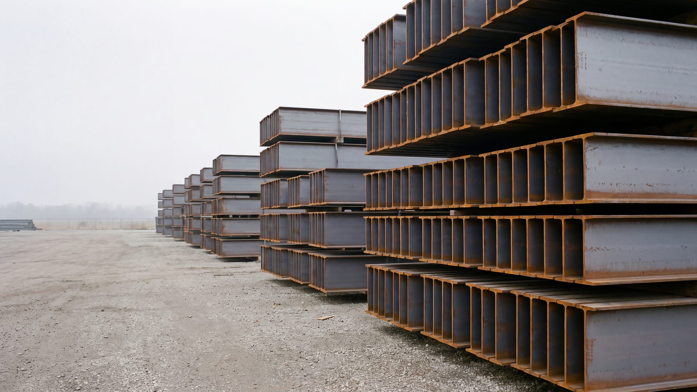 Structural steel beams stacked in a supply yard